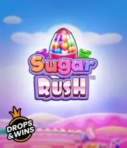 Dive into the colorful world of the Sugar Rush slot game by Pragmatic Play, featuring a colorful candy dispenser against a whimsical candy landscape. This graphic portrays the playfulness of the game, enhanced with vivid candies and charming typography. Ideal for candy lovers, offering hours of fun. 